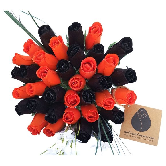 3 Dozen Halloween Black and Orange The Original Wooden Rose Flower Bouquet - Picture 1 of 7
